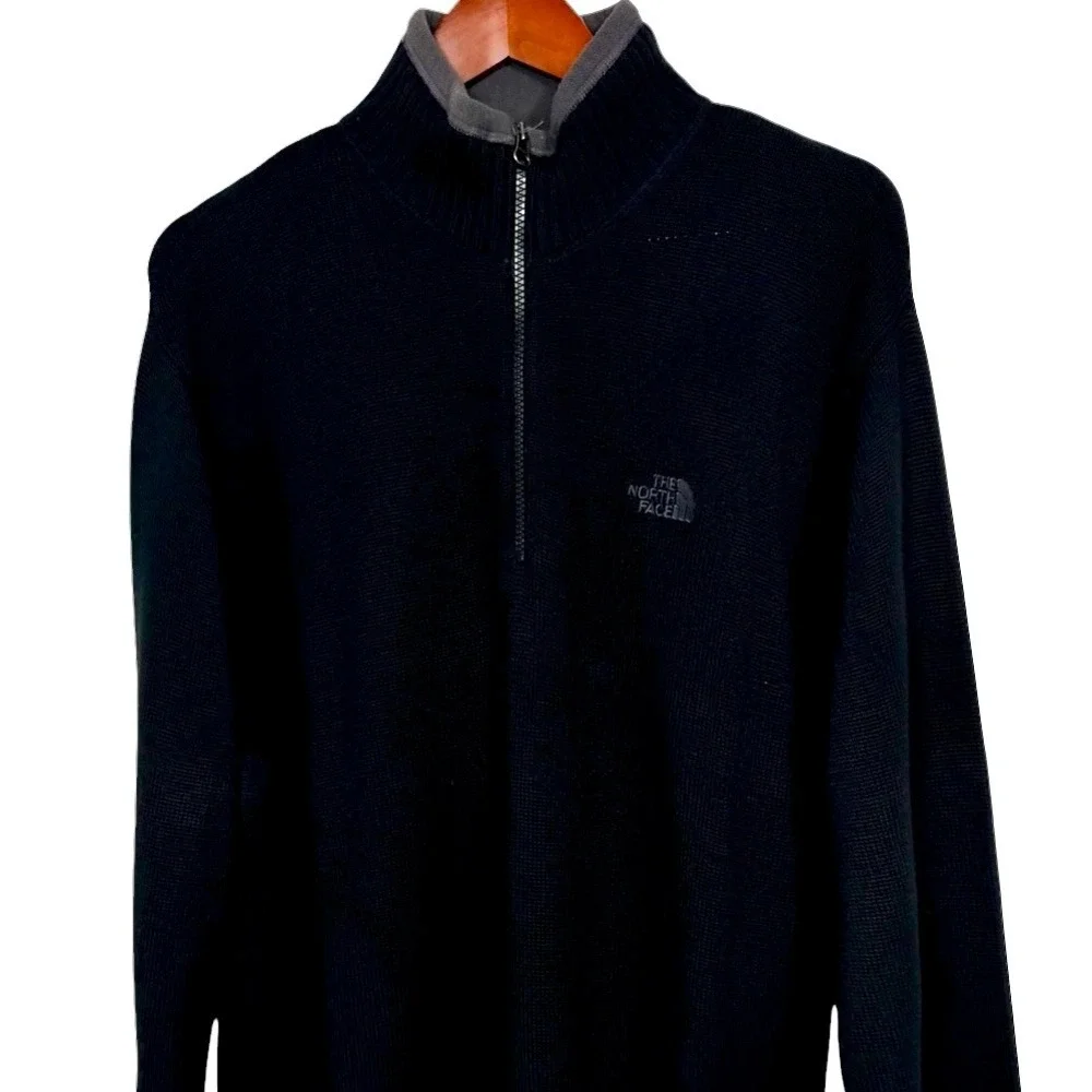 The North Face A5 Series Men's Large Black Wool Blend 1/4 Zip Sweater Gray Trim